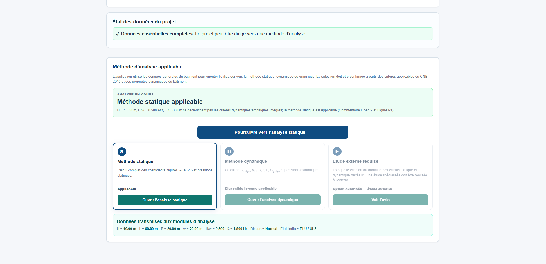 Interface CPV — sélection de la méthode d’analyse